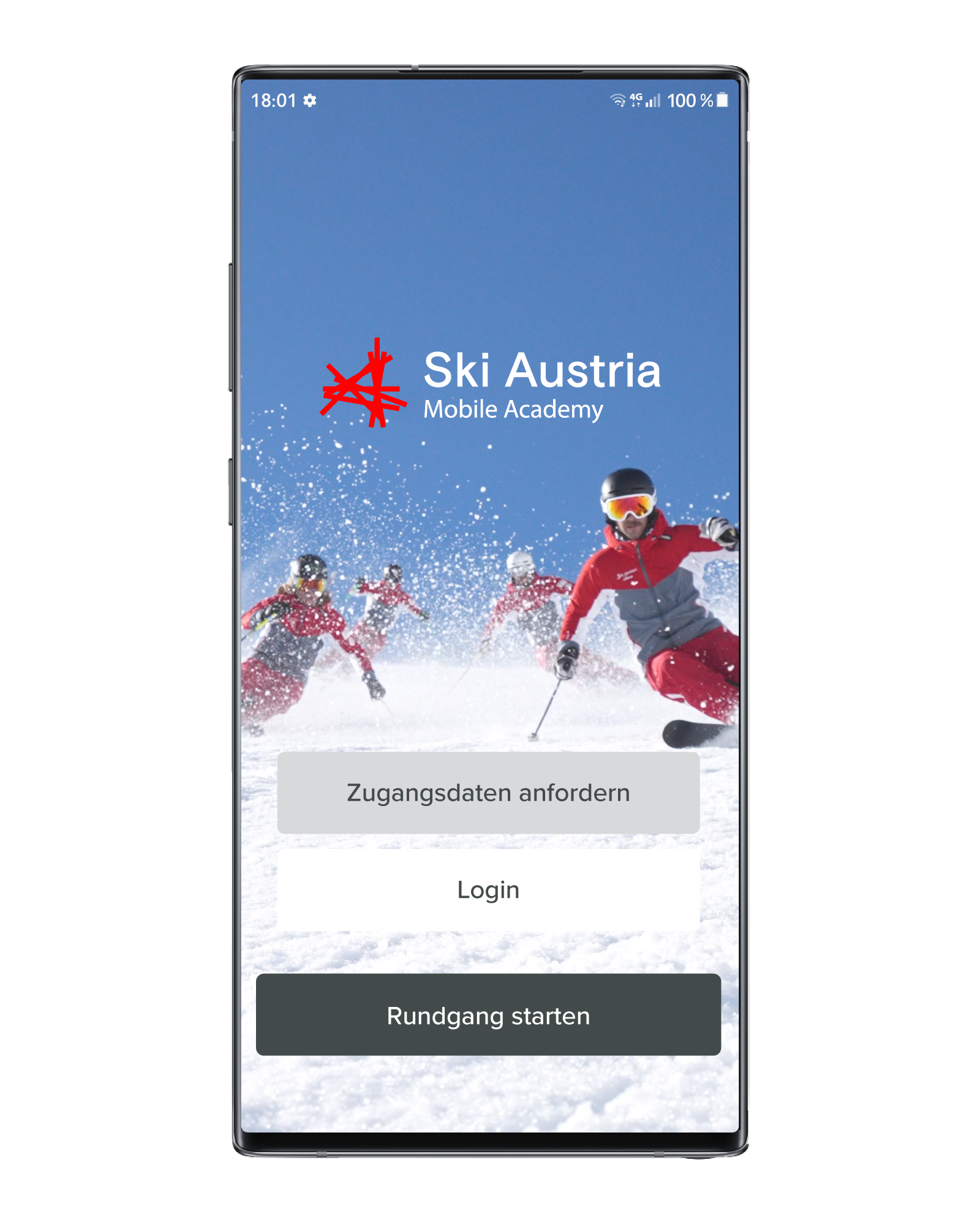 Grafik eines mobilen Devices mit dem Startscreen der LernappSki Austria Mobile Academy - ein digitales Training des österreichischen Skilehrwegs.